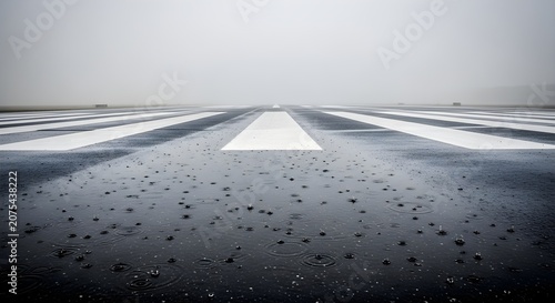 Wet airport runway with raindrops at low angle in fog