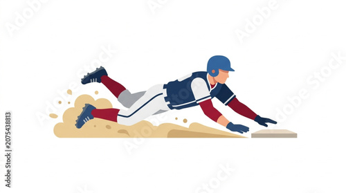 Baseball player sliding into base during game action.