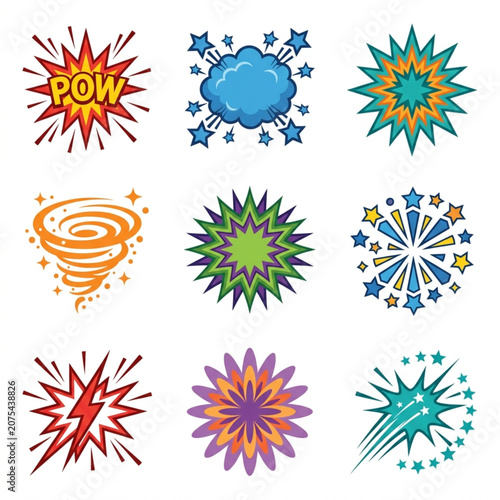 Collection of comic book style explosion and sound effect graphics.