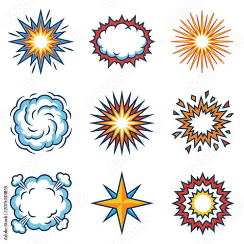 Collection of comic book style explosion and burst effects.