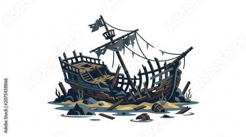 Ancient shipwreck on a sandy beach illustration.