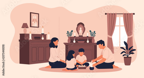 A Family Engages in Evening Prayer at Their Home Altar, a Peaceful Spiritual Gathering