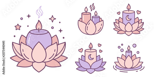 Fotografie Colorful illustrations of candles on lotus flowers with hearts and stars