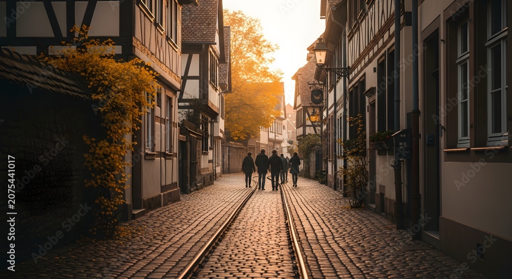Fototapeta premium People walking on a cobblestone street between historic buildings