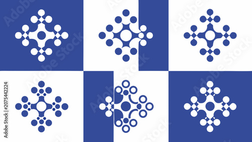 Foto Circular connected dot pattern on alternating blue and white squares
