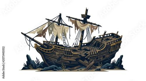 Quadro su tela Ancient wooden shipwreck with tattered sails on rocks.