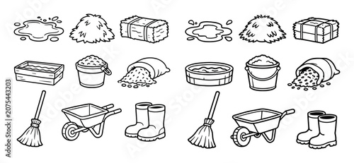 Farming and gardening design icons with haystack, bucket and broom for agriculture app design in outline style