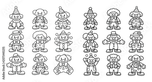 Circus and clown entertainment vector icons with hats, costumes and juggling for marketing design in outline style