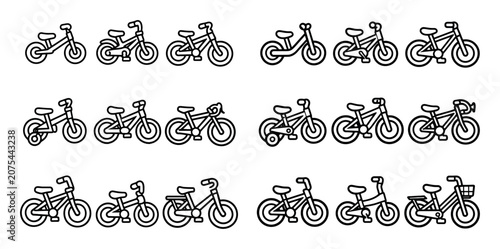 Bicycle and transportation vector icons with bikes, pedals and chains for web design in outline style