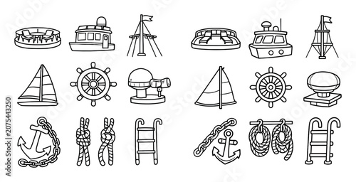 Sailing and marine concept icons with boat, anchor and ropes for dashboard design in flat outline style