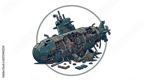 Damaged Submarine Illustration Showing Internal Mechanics.