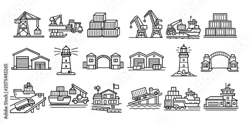 Shipping and logistics vector icons with crane, container and cargo ship for infographic presentation in outline style