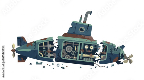 Broken Submarine with Visible Internal Mechanics and Gears.