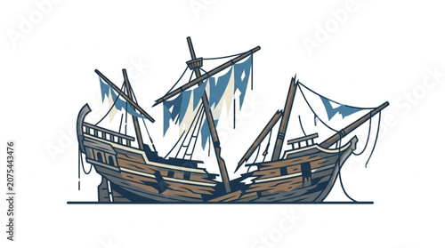 Old Wooden Pirate Shipwreck With Tattered Sails Illustration.