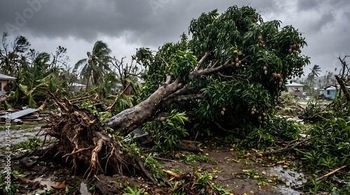 Uprooted tree lying on ground after severe tropical storm damage with uprooted disaster hurricane