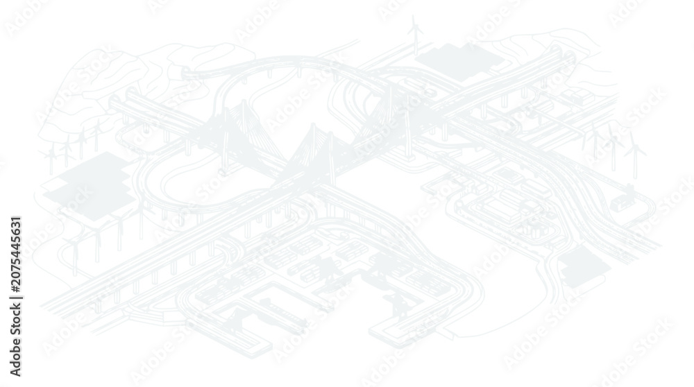 Obraz premium Isometric Urban Infrastructure and Logistics Transportation Hub Wireframe Illustration