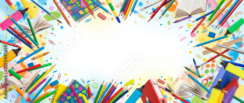 Creative workspace filled with school supplies and colorful stationery on a bright background