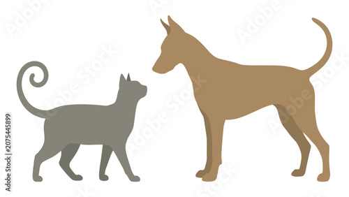 Cat and dog stand facing each other in this simple flat color vector illustration.