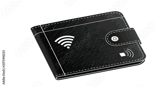 Wallet with contactless payment icons represents modern financial technology.