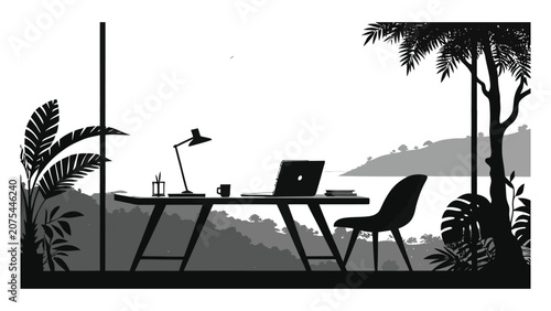 Workspace with a laptop and lamp sits overlooking a scenic tropical landscape.