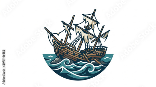 Photos Old wooden sailing ship on the sea with torn sails.