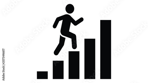 Businessman climbing a bar chart illustrates professional career advancement.