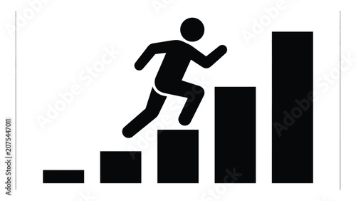 Businessman climbing a bar chart represents professional growth and corporate success.