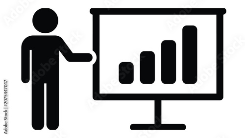 Presenter stands beside a bar chart board to explain data and business strategies.