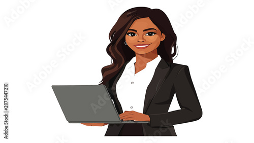Businesswoman works on a modern laptop while standing against a clean white background.