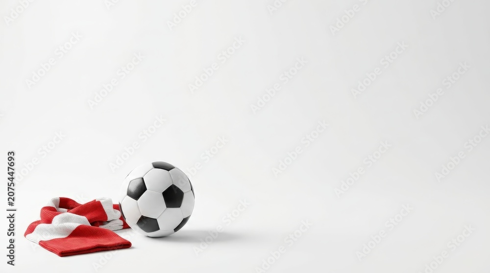 Obraz premium Soccer ball and red white scarf on white background with copy space