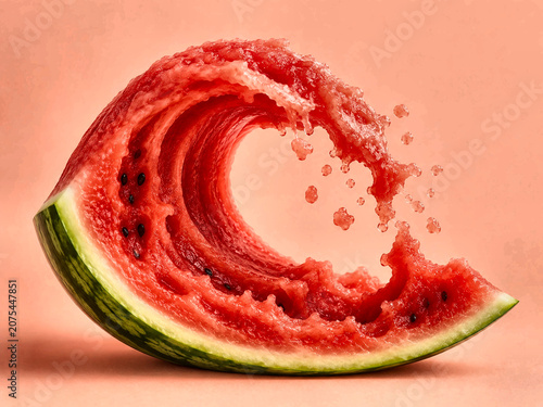 Fresh watermelon wave captured in suspended ocean motion