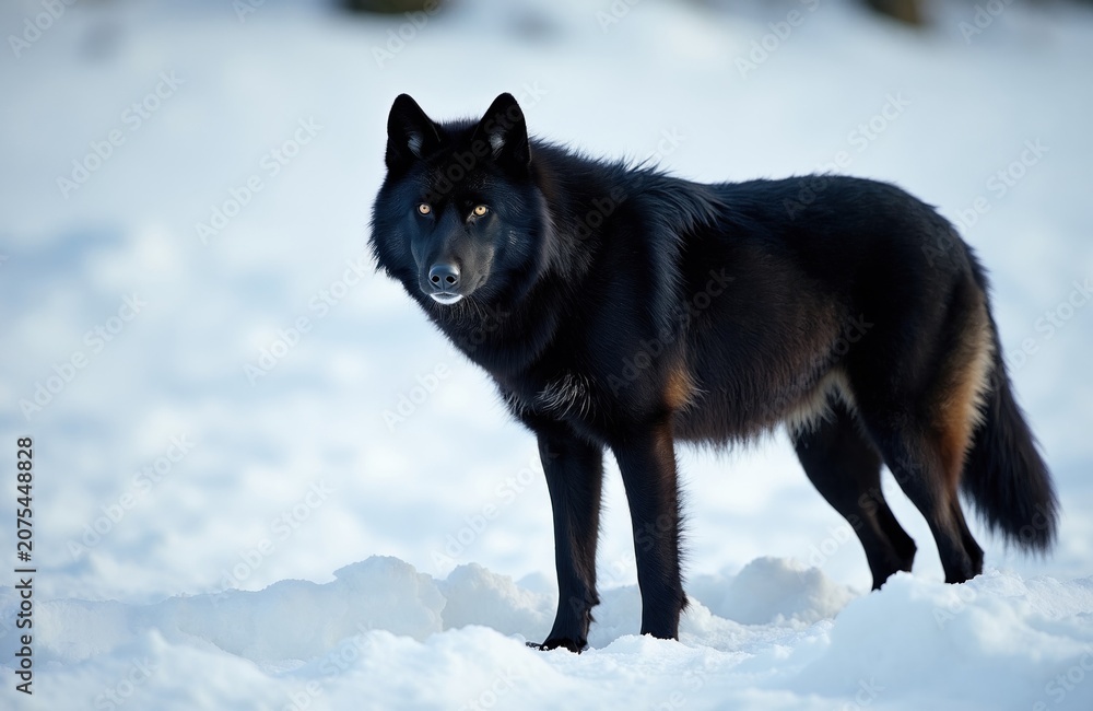 Fototapeta premium Black wolf with yellow eyes stands in snowy landscape. Wild animal looks directly forward, alert and watchful. Creature in natural habitat during cold winter weather.
