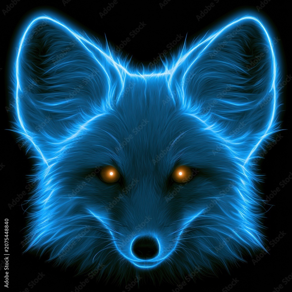 Fototapeta premium A bright arctic fox face with fluffy ears and warm eyes appears in a neon glow. The background is completely black and empty.