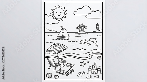 Beach scene with sandcastle and sailboat on sunny day