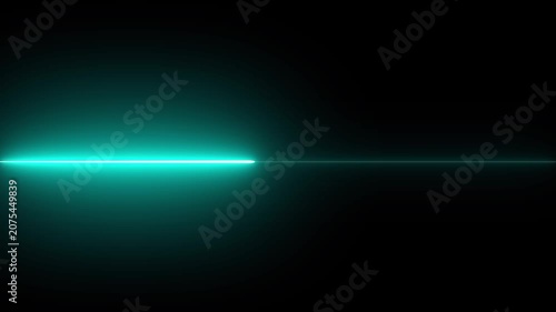 Electric cyan neon glowing horizontal laser light beam against a solid dark black background a blue luminous line stretching horizontally