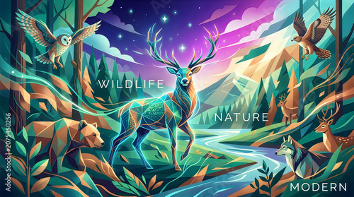 Vibrant Geometric Wildlife Scene Featuring Majestic Deer and Forest Animals in a Magical Nature Landscape