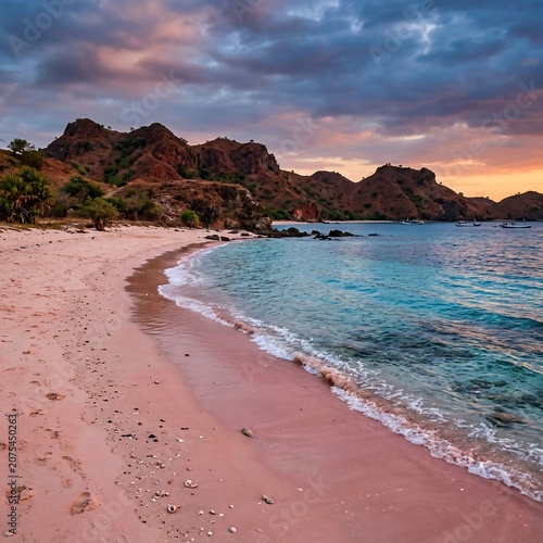 Pink sand beach with crystal clear water and rugged mountains at sunset