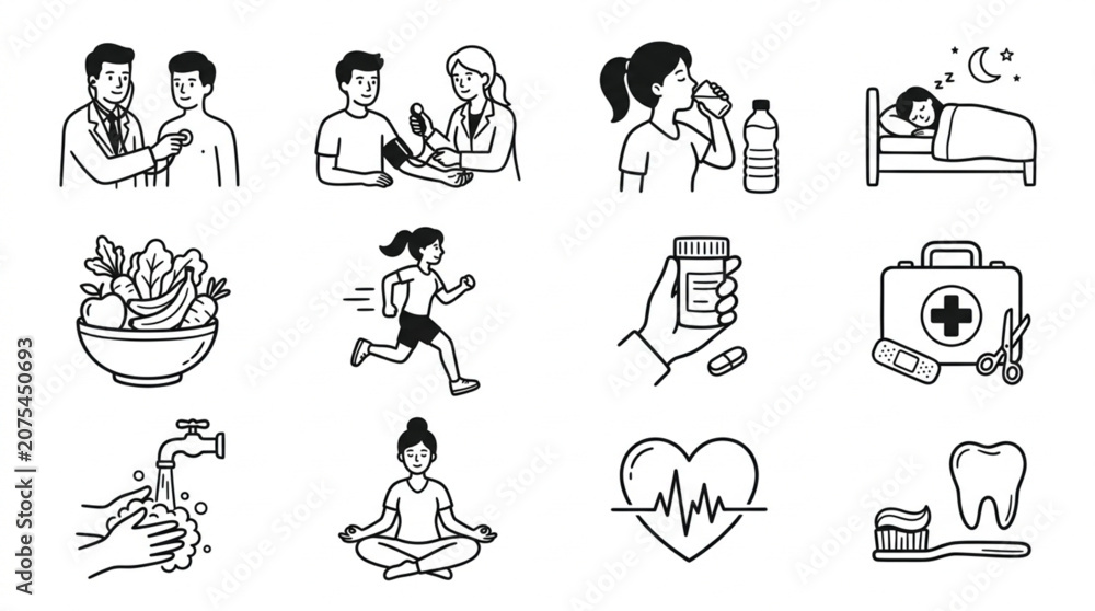 Obraz premium Collection of Hand Drawn Icons Representing Health and Wellness Concepts.