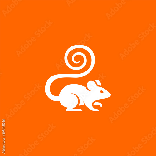 White vector silhouette illustration of a mouse or rat with a distinct spiral tail, isolated on a solid orange background