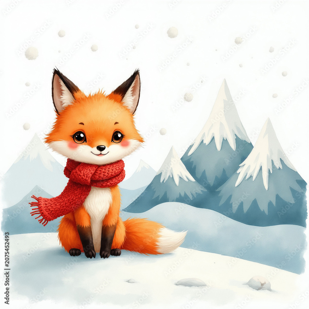 Obraz premium Cute fox wearing red scarf sits in snowy mountains. Adorable cartoon animal in winter landscape. Watercolor illustration for kids with fluffy tail and big eyes.