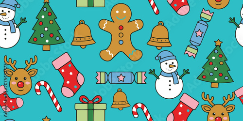 Festive seamless vector pattern with cartoon Christmas characters and gifts on turquoise background. Holiday backdrop for wrapping paper and fabric.
