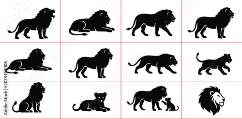 Photography Lion silhouette vector set grid layout black animal icon collection design