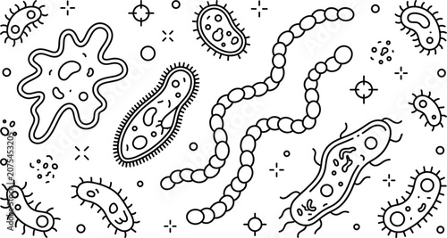Schilderij op canvas Black and White Microbiology Line Art Vector Pattern with Amoeba Paramecium Bact