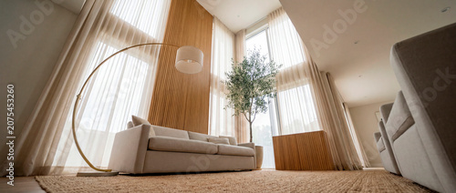 Low angle view of bright japandi living room with tall windows and arc lamp