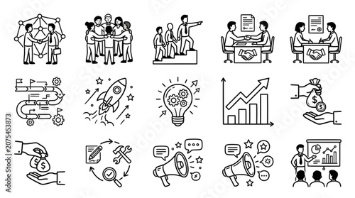 Collection of business and startup concept icons in a doodle style.