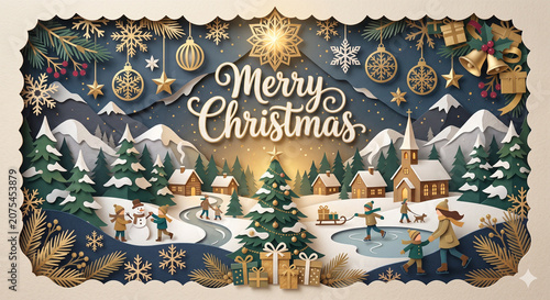 Winter christmas composition in paper cut style.Merry Christmas text Calligraphic Lettering Vector illustration.