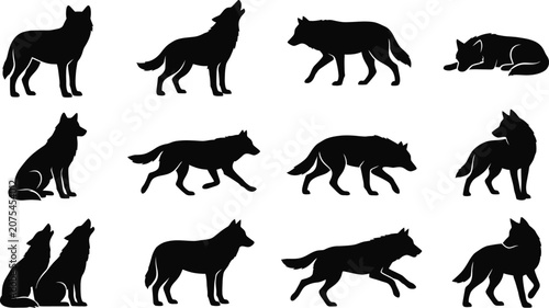 Konstfotografi Wolf silhouette vector set wild canine animal poses illustration pack