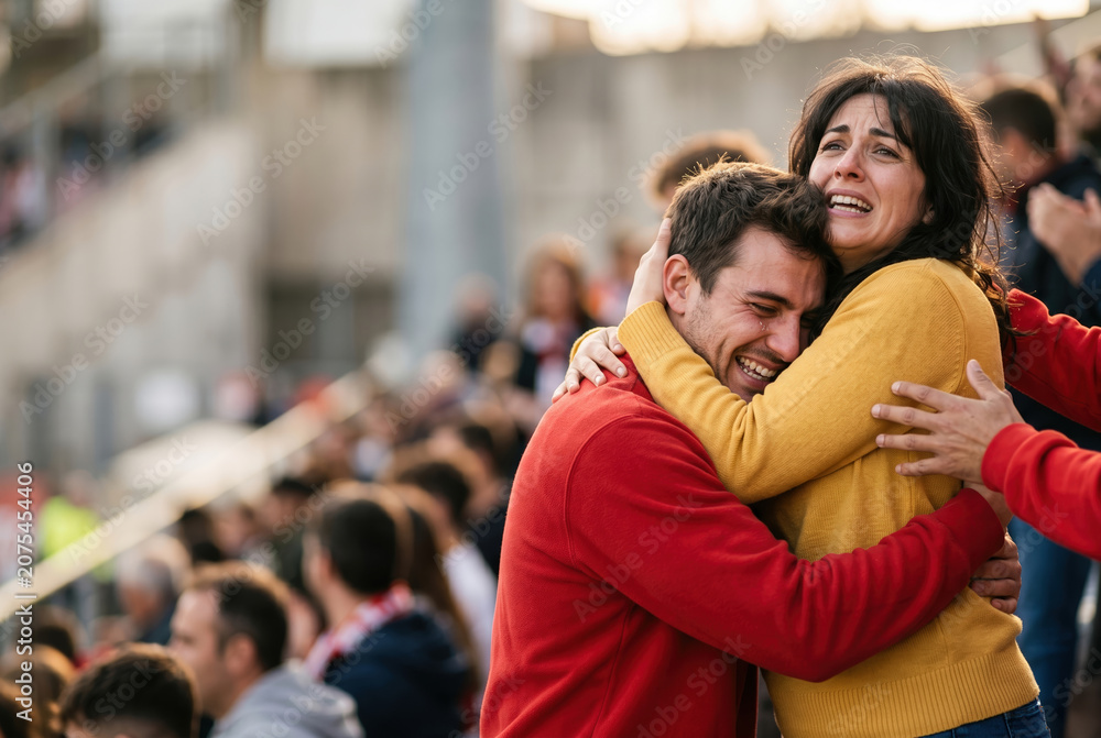 Fototapeta premium Fans in red and yellow clothing hugging emotionally at stadium