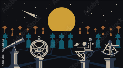 Fotografie Surreal Astronomer's Graveyard Where Gravestones Are Made of Stars and Telescope