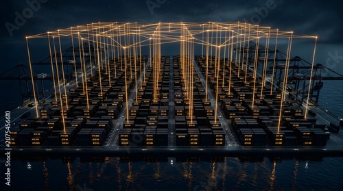 Shipping containers are connected by digital data beams in a virtual harbor scene.
